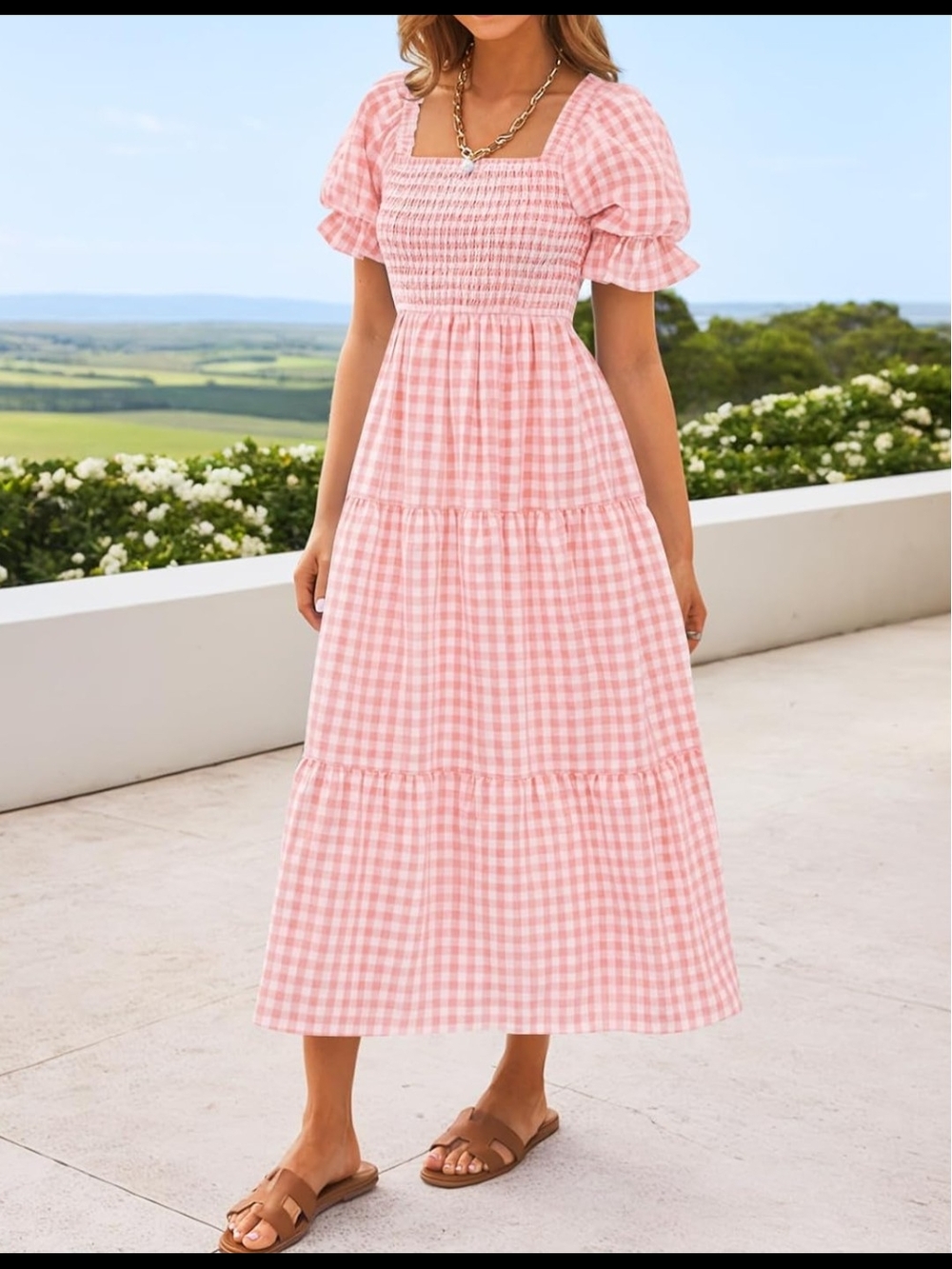 Pink Gingham Smocked Midi Dress